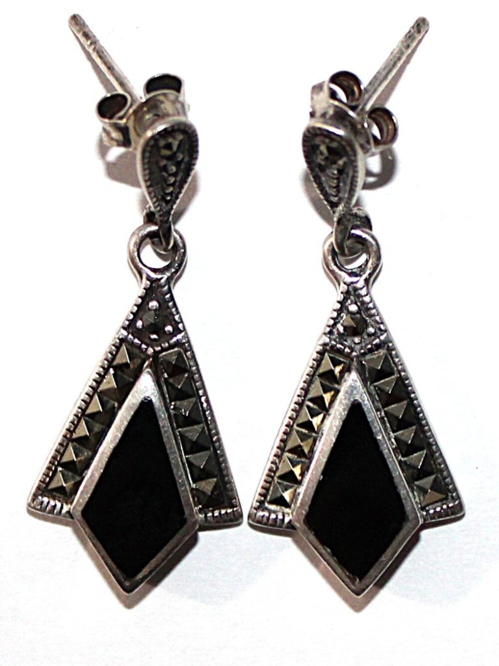 Retro Sterling Silver Onyx & Marcasite Dangle Earrings